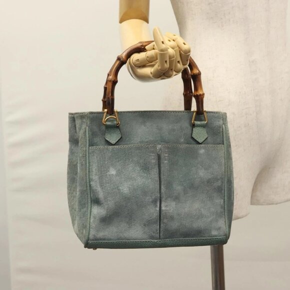 GUCCI Bamboo Hand Bag Suede Leather Gray Gold - Picture 1 of 16